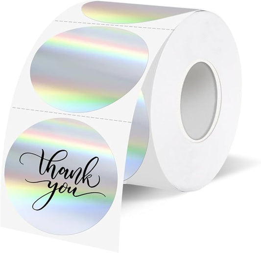 1.5" Holographic Direct Thermal Label Stickers, Round Printable Rainbow Glitter Thermal Printer Sticker Labels for Gift Wrapping, Self-Adhesive DIY Custom Logo Design- Silver