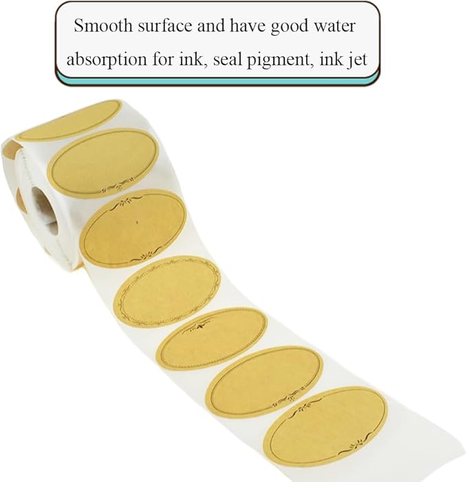 HAHIYO 1.4 * 2.5In 500P Oval Brown Kraft Stickers with Artistic Border - 4 Unique Styles Blank Kraft Labels Roll to Write On Durable Dot Stickers for Jar Canning Labels Price Tags Store Organizing