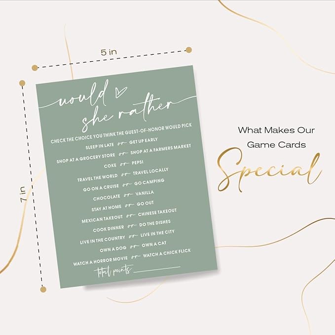Bridal Shower Games Cards, Would She Rather Bridal Shower Game for 25 Guests, Engagement Party Wedding Games for Guests, Minimalist Green Wedding Party Supplies - C11