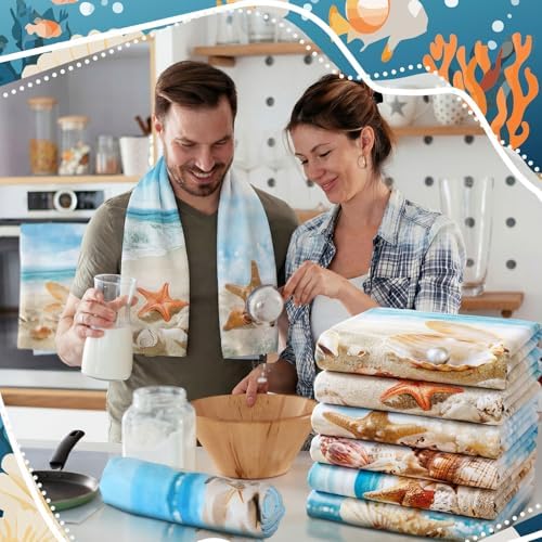 Breling 6 Pack Beach Kitchen Towels, Starfish Seashell Coastal, 14x21 Inch - Image 3