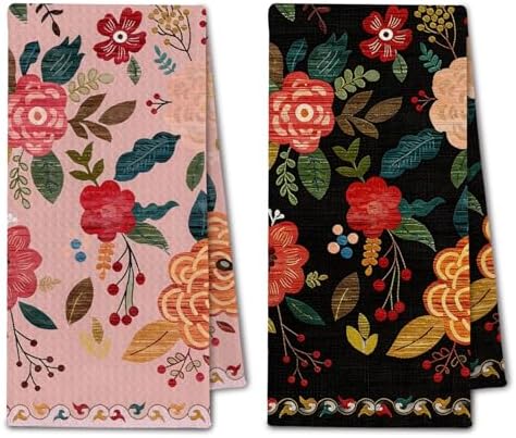 Pink and Black Floral Kitchen Towels, Vintage Boho Flower Dish Towels Drying by Unknown