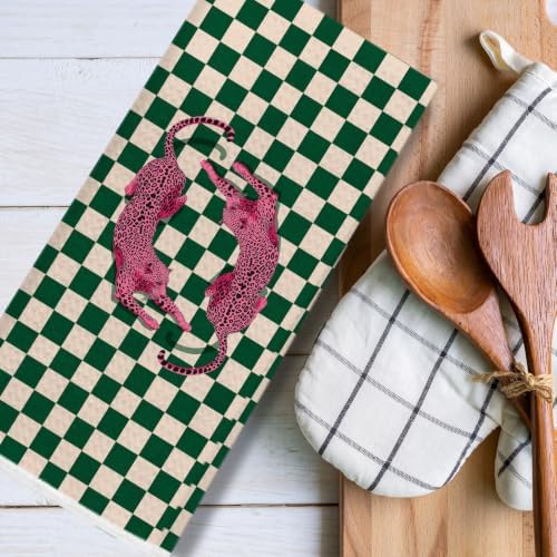 Trendy Hot Pink Leopard Green Checkered Kitchen Towels 16x24 Inch - Image 6