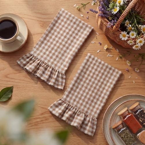 HunnmingRe 2 Pcs Taupe Gingham Kitchen Towels Cotton Ruffled - Image 3