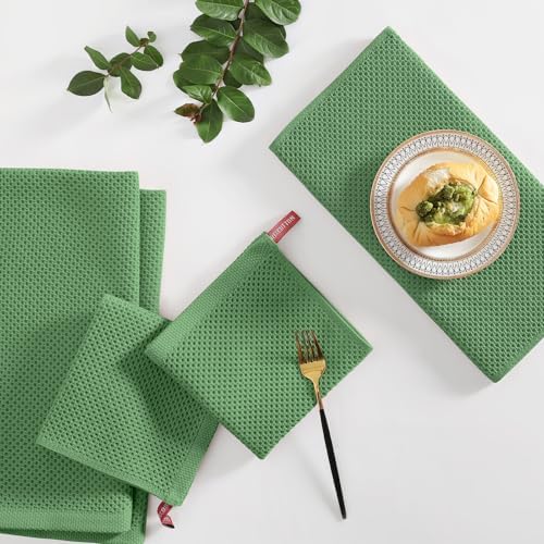Homaxy 12 Pack 100% Cotton Kitchen Towels and Dishcloths Set, Grass Green - Image 6