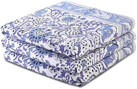 CPC Indigo Blue Hand Block Print Waffle Kitchen Towel Set of 3-16 x 28 Inch by COTTONPRINTCLUB