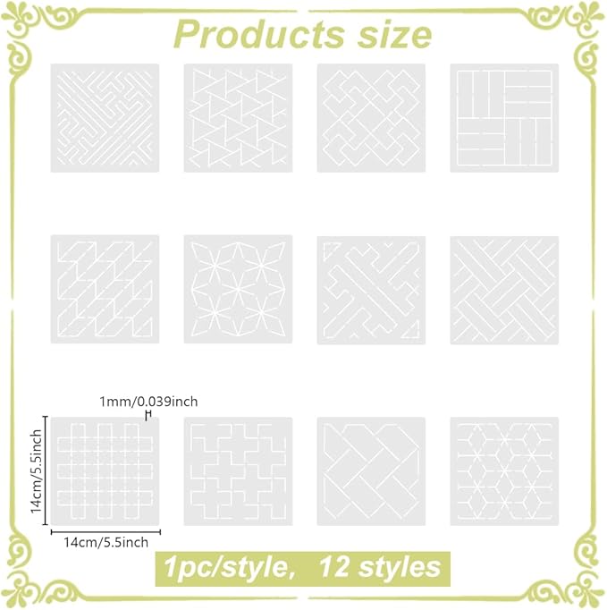 FREEBLOSS Sashiko Embroidery Stencils Sashiko Stencil Geometric Embroidery Patterns Stencils for Drawing Sashiko Template for Hand Quilting and Embroidery14x14cm