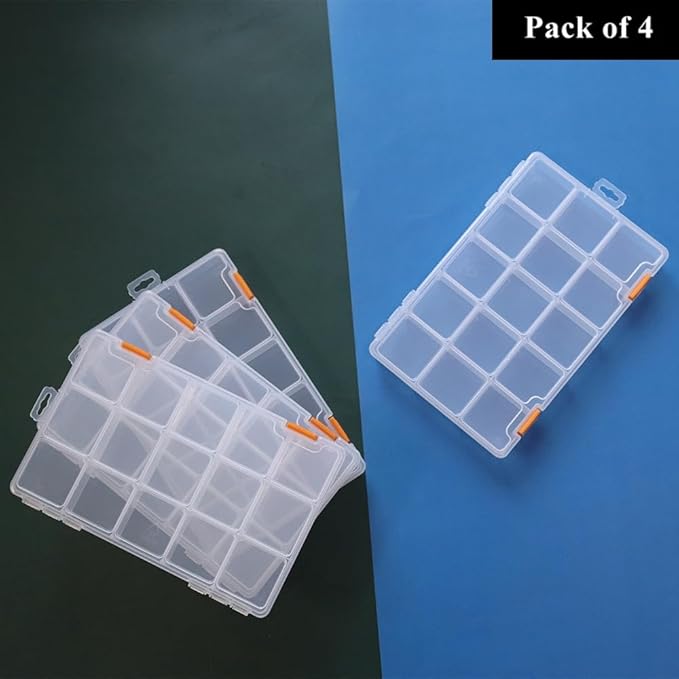 BangQiao 4 Pack 15 Grids Clear Plastic Storage Box with Dividers, Transparent Organizer Container Case for Small Parts, Bead, Button, Jewelry, Diamond, Craft Supplies,Sewing Kit, DIY Accessories