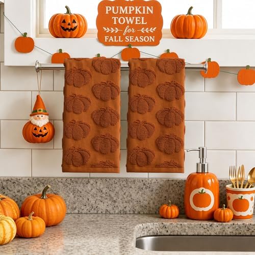 Fall Hand Towels 13.7x29.5 inch Set of 2 Autumn Thanksgiving 3D Rust Pumpkin - Image 2