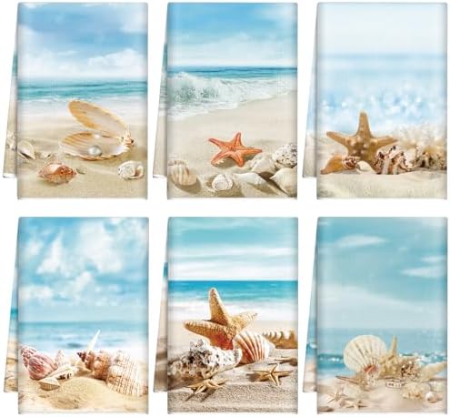Breling 6 Pack Beach Kitchen Towels, Starfish Seashell Coastal, 14x21 Inch by Breling