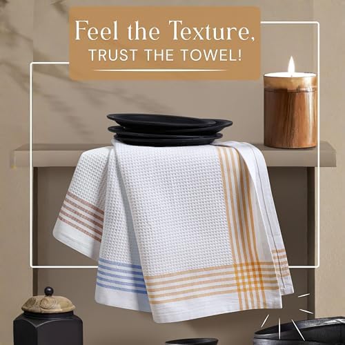 Waffle White & Multi Colors Kitchen Towels Set of 12, 100% Cotton, 16x26 inches - Image 2