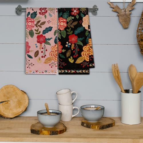 Pink and Black Floral Kitchen Towels, Vintage Boho Flower Dish Towels Drying - Image 4