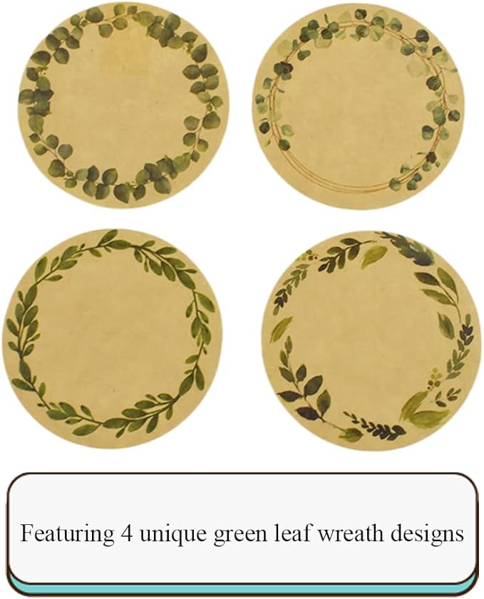 HAHIYO 2In 500P Round Natural Brown Kraft Stickers with Green Leaf Wreath Design - 4 Unique Styles Blank Kraft Labels Roll to Write On Durable Dot Stickers for Jar Canning Price Tags Store Organizing
