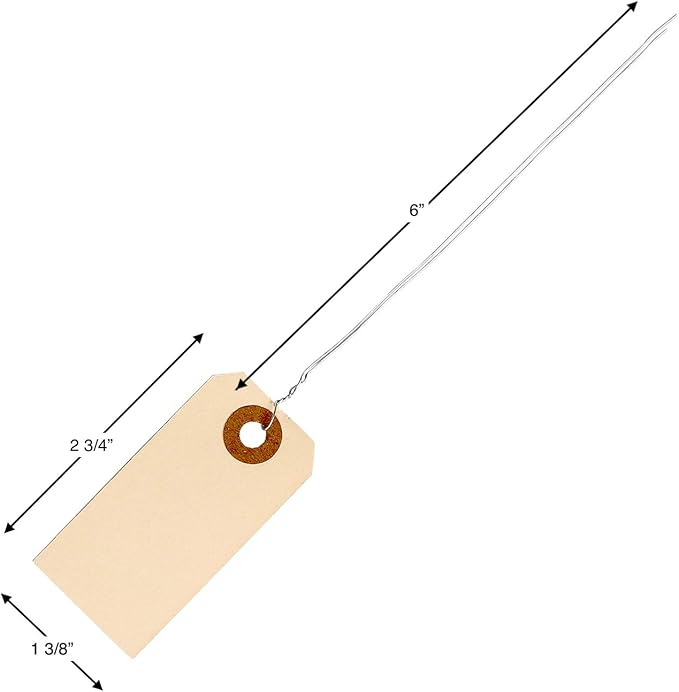 100 Manila Shipping Tags with Wire Attached #1-2 3/4” x 1 3/8” - Small Paper Hang Labels with Metal Ties and Reinforced Hole, Pre-Wired Tags to Tie On
