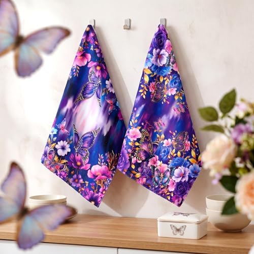 Breling 6 Pack Purple Butterfly Kitchen Towels Floral Dish Towels 14x21 - Image 6