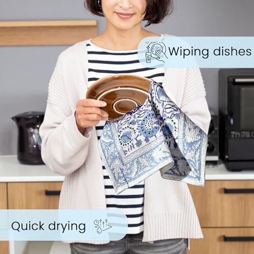 CPC Indigo Blue Hand Block Print Waffle Kitchen Towel Set of 3-16 x 28 Inch - Image 2