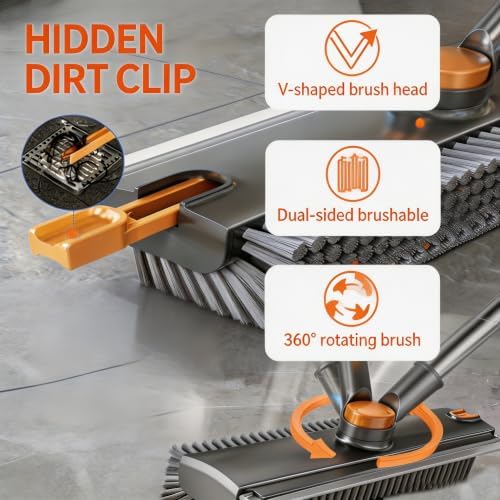 3-in-1 Floor Scrub Brush with Long Handle, Rotating Head Squeegee & Tweezer - Image 3