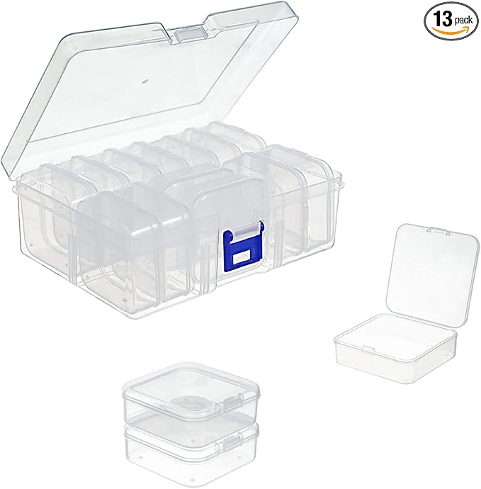 13 Pieces Small Plastic Craft 0rganizers and Storage, Transparent Box with Hinged Lid for Storage of Jewelry, Diamonds, DIY Art Craft Accessory