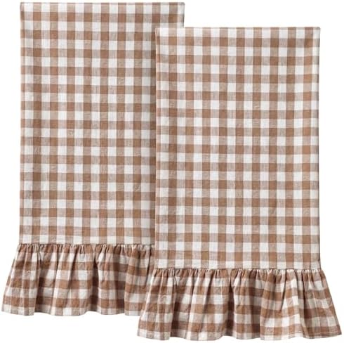 HunnmingRe 2 Pcs Taupe Gingham Kitchen Towels Cotton Ruffled by HunnmingRe