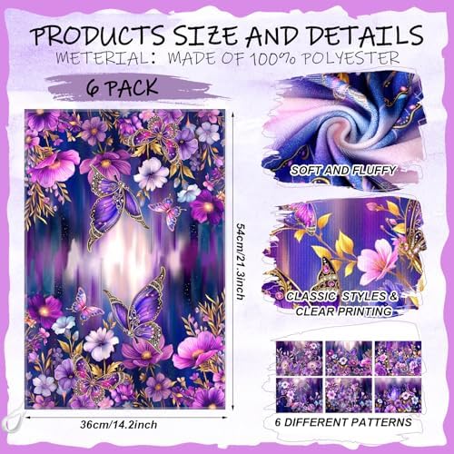 Breling 6 Pack Purple Butterfly Kitchen Towels Floral Dish Towels 14x21 - Image 2