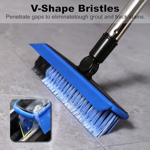 Grout Cleaner Brush with Long Handle, V-Shaped Floor Scrub Brush Swivel Grout - Image 3