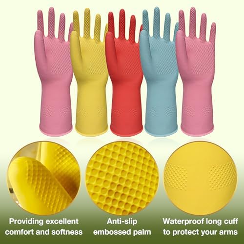 Kitchen Dish Washing Gloves 5 Pairs Rubber Cleaning Reusable Gloves Large - Image 2
