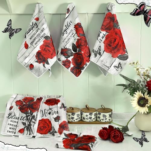 Breling 6 Pack Valentine Red Rose Kitchen Towels Vintage Floral 14 X 21 in - Image 6