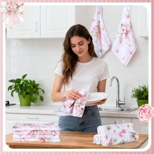Breling 6 Pack Pink Bow Kitchen Towels, Floral Dish Towels - Image 5