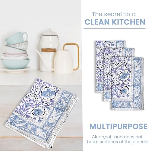 CPC Indigo Blue Hand Block Print Waffle Kitchen Towel Set of 3-16 x 28 Inch - Image 4