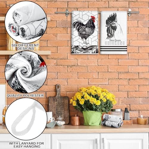Redbaker 6 Pcs Kitchen Towels Black White Rooster Farm Chicken Dish Towel - Image 3