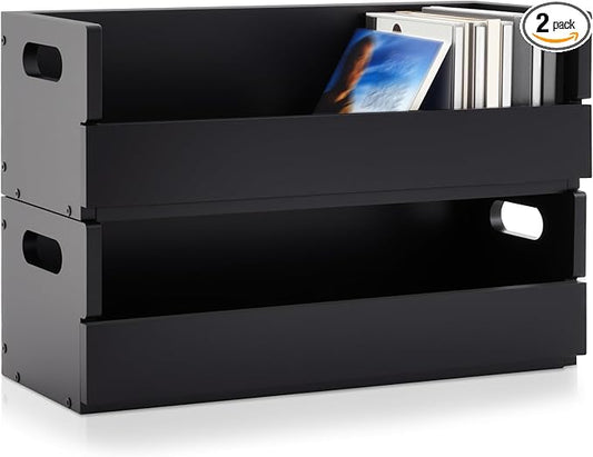 2 Set Wooden CD Storage Box Holder Shelf Cassette Tape Display Racks with Carrying Handles, Organizer Shelf for Movie Cases, DVDs, Each Set Can Store up to 36 Pcs CDs (Black)