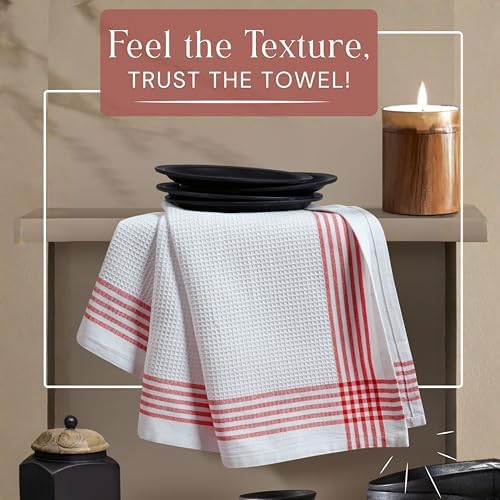 Waffle White & Red Kitchen Dish Towels, 100% Cotton 16x26 inches, Absorbent Tea - Image 2