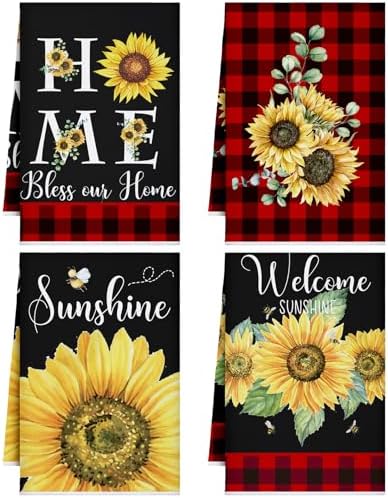 Bencailor 4 Pcs Sunflower Kitchen Towels Red Black Hand Dish Towels Gifts by Bencailor