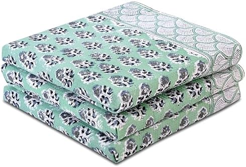 CPC Poppy Blue Hand Block Print Waffle Kitchen Towel Set of 3-16 x 28 Inch by COTTONPRINTCLUB