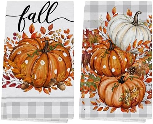 Orange Buffalo Plaid Leaves Pumpkin Fall Kitchen Towels Dish Towels, 18x26 Inch by Juynyyn