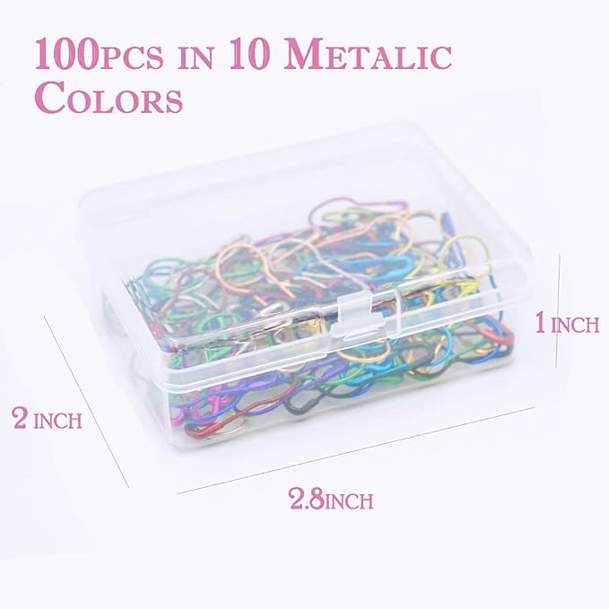 100 Pieces Safety Pins, Bulb Stitch Markers 10 Metalic Colors Assorted Metal Calabash Pins Pear Shape Knitting Pins for Crocheting Clothing Tag DIY Craft Project with Storage Box