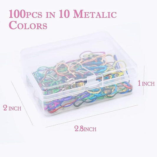 100 Pieces Safety Pins, Bulb Stitch Markers 10 Metalic Colors Assorted Metal Calabash Pins Pear Shape Knitting Pins for Crocheting Clothing Tag DIY Craft Project with Storage Box