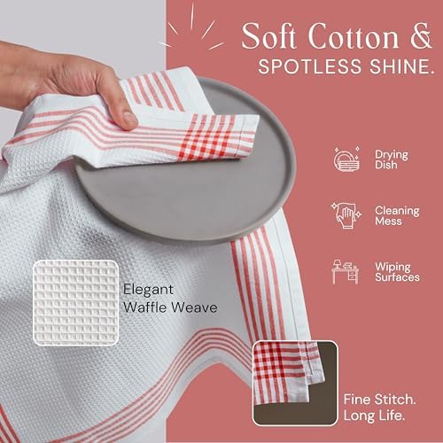 Waffle White & Red Kitchen Dish Towels, 100% Cotton 16x26 inches, Absorbent Tea - Image 4