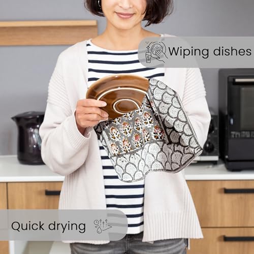 CPC Labra Grey Hand Block Print Waffle Kitchen Towel Set of 3-16 x 28 Inch - Image 4