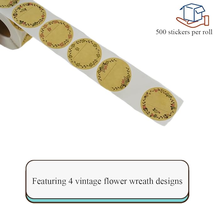 HAHIYO 1.5In 500P Round Natural Brown Kraft Stickers with Vintage Flower Design - 4 Unique Styles Blank Kraft Labels Roll to Write On Durable Dot Stickers for Jar Canning Price Tags Store Organizing