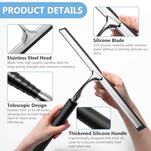 Squeegee for Shower Glass with Long Handle – Extends 13" to 48", Includes 2 - Image 4
