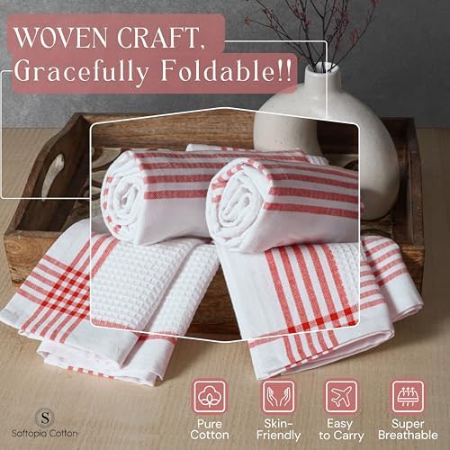 Waffle White & Red Kitchen Dish Towels, 100% Cotton 16x26 inches, Absorbent Tea - Image 2