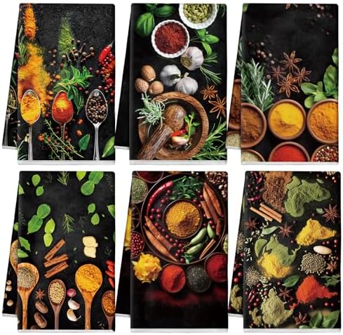 Breling 6 Pack Kitchen Dish Towels, Colorful Spices Print 14x21 Inch by Breling