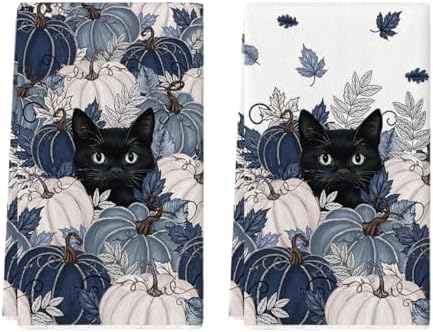 Artoid Mode Blue Black Cat Fall Kitchen Towels Set of 2 18x26 Inch by ArtoidMode