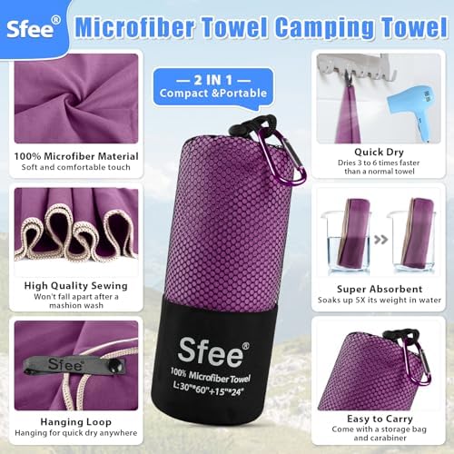 Sfee 2 Pack Microfiber Travel Towel, Quick Dry Camping Towel Large Beach Towel - Image 2