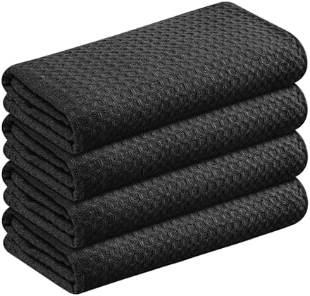 Black Waffle Kitchen Dish Towels, 100% Cotton, Quick Dry, Super Absorbent by SoftopiaCotton