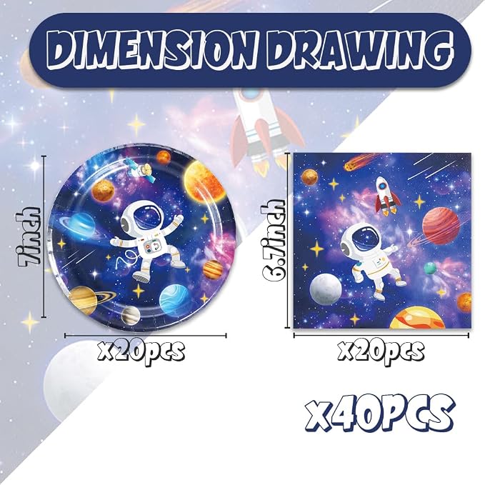 40 Pcs Space Birthday Decorations Blue Galaxy Planet Birthday Paper Plates and - Image 2