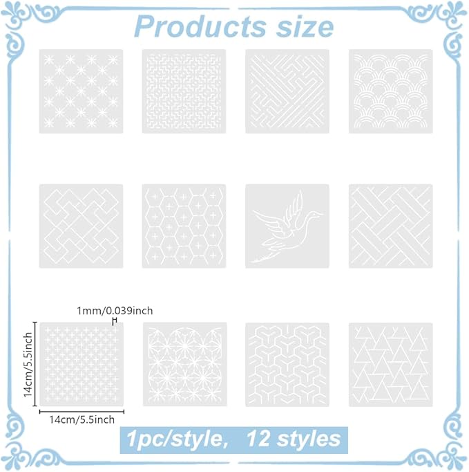 FREEBLOSS Embroidery Stencils - Geometric Sashiko Patterns - Acrylic 14x14cm
