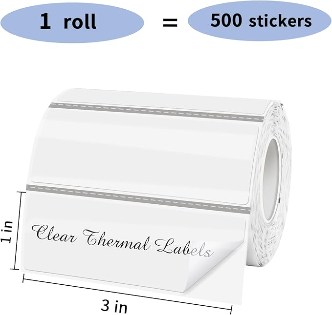 1" x 3" Transparent Thermal Label Stickers,Waterproof Thermal Printer Sticker Labels for Gift Wrapping, Self-Adhesive Name Price Tag DIY Custom Logo Design (500 pcs,Clear)