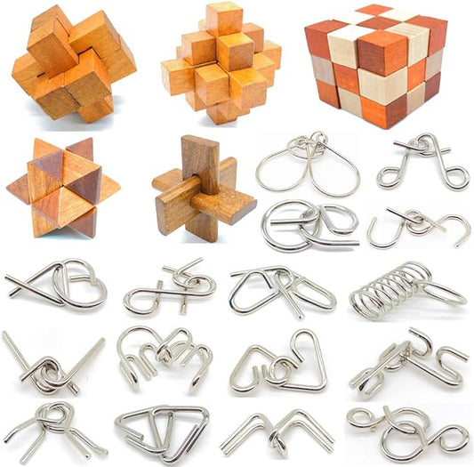 Guaishou Brain Teasers with The Puzzles 21Pcs Unlock Interlock Game IQ Test Toy 3D Wooden and Metal for Party Favor Kids Adults Challenge
