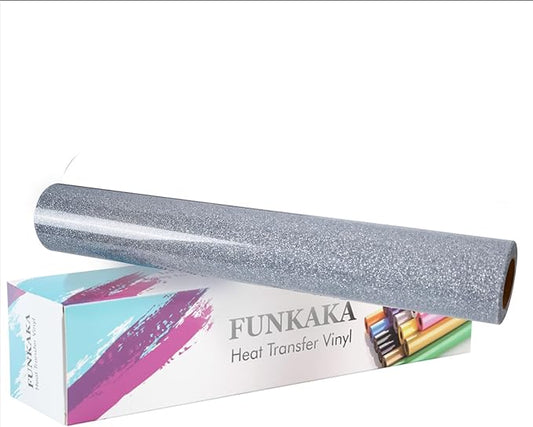 FUNKAKA Glitter Silver HTV Heat Transfer Vinyl Rolls, 12" x 25ft PU Iron on Vinyl for T-Shirt Silver Glitter HTV Vinyl for All Cutter Machines Easy to Cut & Weed for Heat Vinyl Design
